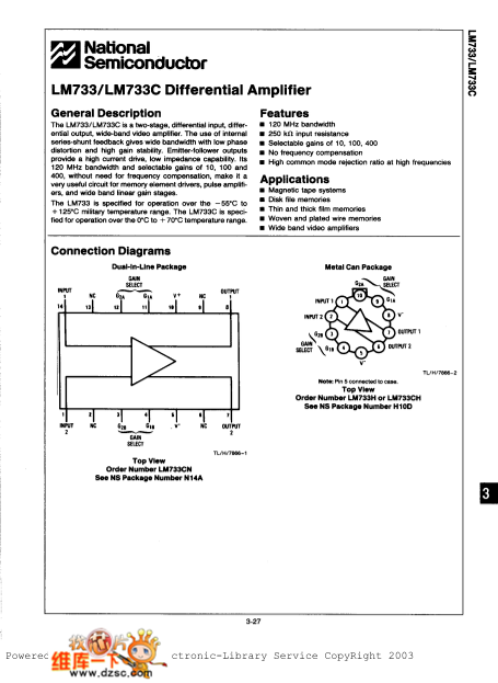 National Semiconductor LM733 LM733C Differential Amplifier User's Manual - Page 1