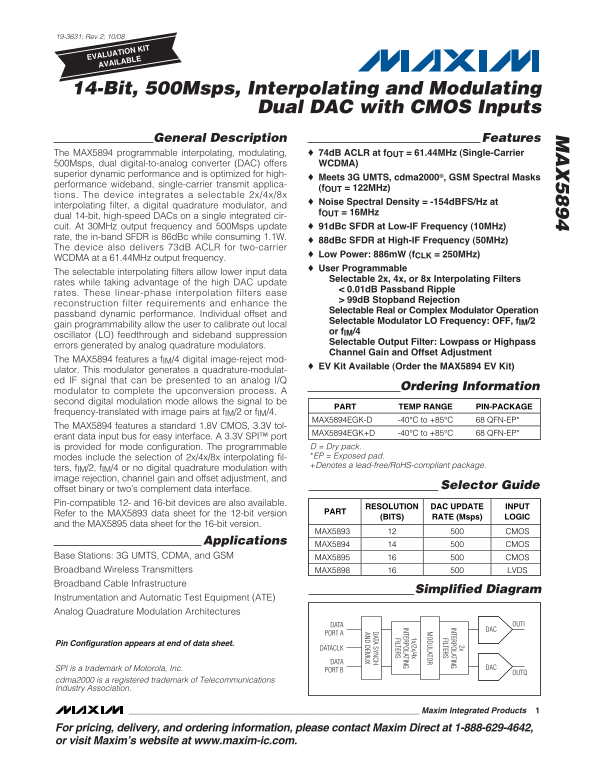 MAXIM MAX5894 14-Bit, 500 Msps, Interpolating and Modulating Dual DAC with CMOS Inputs - Page 1