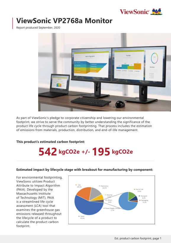 ViewSonic VP2768A Photography Series User Guide Monitor Manual Carbon Footprint Report - Page 1