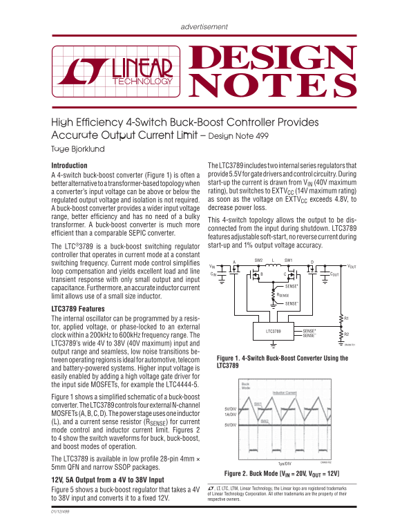 LINEAR High Efficiency 4-Switch Buck-Boost Controller for Precise Output Current Limit - Design Note 499 Tage Bjorklund Owner's Manual User Guide - Page 1