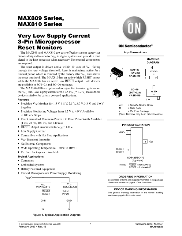 ON MAX809 Series, MAX810 Series Ultra-Low Supply Current 3-Pin Microprocessor Reset Monitors Quick Reference Guide (QRG) - Page 1