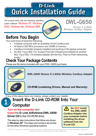 D-Link DW-G650 Quick Installation Guide - Page 1