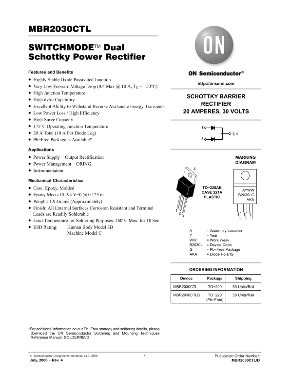 ON Semiconductor MBR2030CTL SWITCHMODE Dual Schottky Power Rectifier Data Sheet User Guide - Page 1