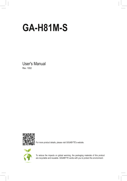 Gigabyte Motherboard GA-H81M-S (rev.1.0) User Manual English (version 1002) - Page 1