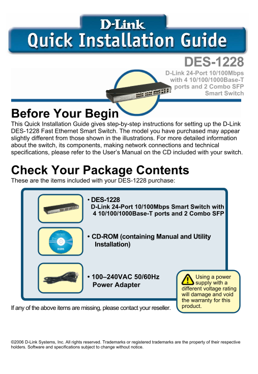 D-Link DES-1228 Switch Quick Installation Guide - Page 1