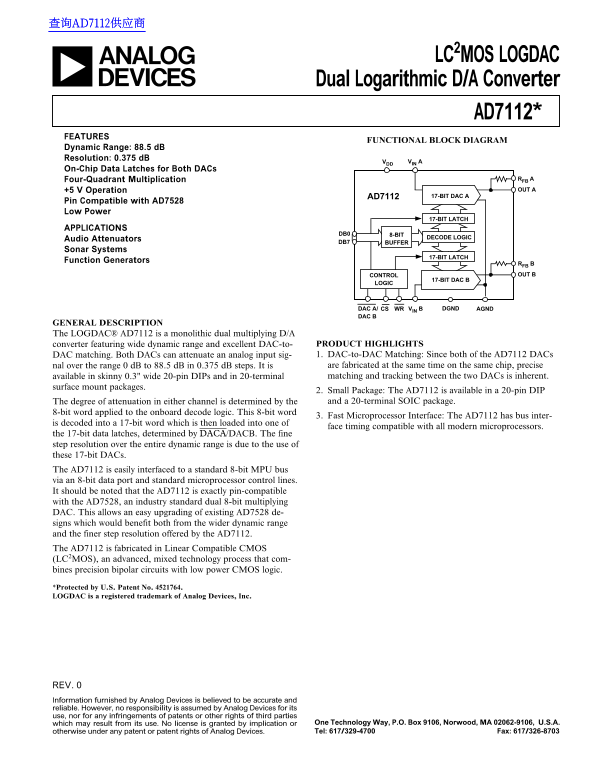AD7112 LC 2 MOS LOGDAC Dual Logarithmic DA Converter Data Sheet Manual User Guide - Page 1