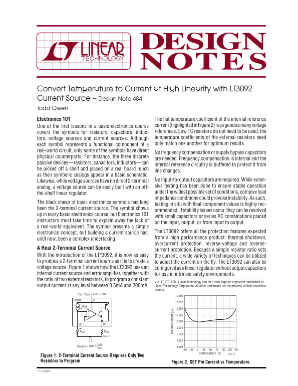 LINEAR Convert Temperature to Current with High Linearity using LT3092 – Design Note 484 Current Source Specification Owner's Manual User Guide - Page 1