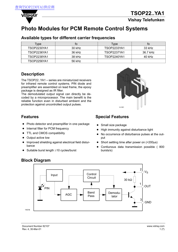 Vishay TSOP22..YA1 Data Sheet - Page 1