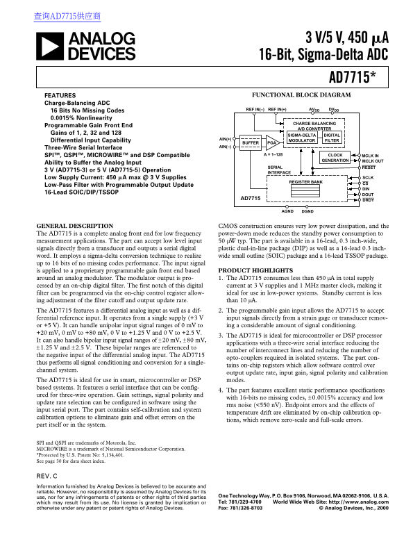AD7715 3V 5V, 450mA 16-Bit Sigma-Delta ADC Data Sheet Manual - Page 1