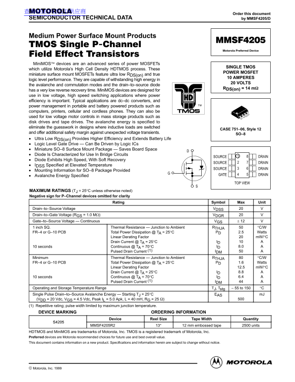 Motorola Semiconductor MMSF4205 Data Handbook - Page 1