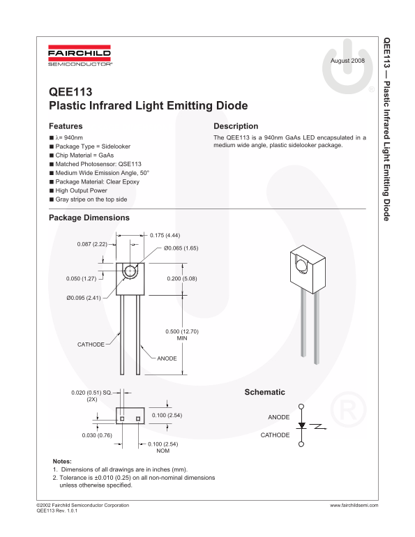 Fairchild QEE113 Plastic Infrared LED Data Sheet - Page 1