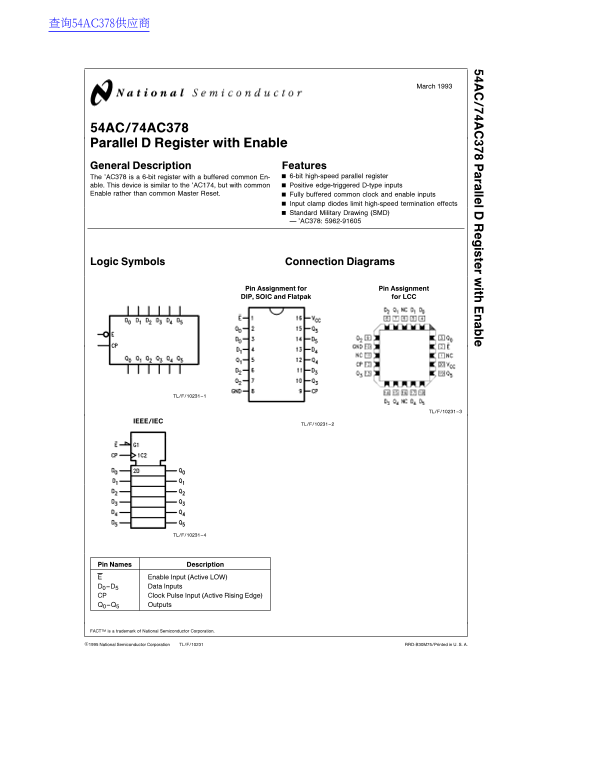 National Semiconductor 54AC / 74AC378 Parallel D Register with Enable - Page 1