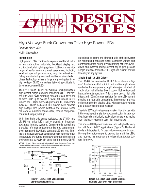 LINEAR High Voltage Buck Converters for Driving High Power LEDs - Design Note 392 by Keith Szolusha Owner's Manual & User Guide - Page 1