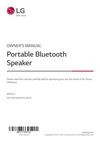 LG Wireless Bluetooth Speaker PN7.DCHNLLK Product User Guide - English - Page 1