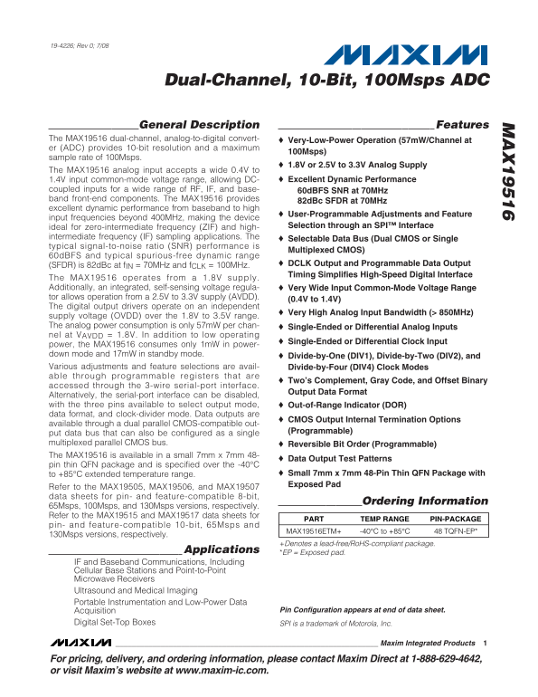 MAXIM MAX19516 Dual-Channel, 10-Bit, 100Msps ADC Data Sheet - Page 1