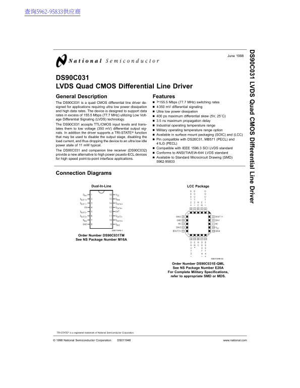 National DS90C031 Data Sheet - Page 1