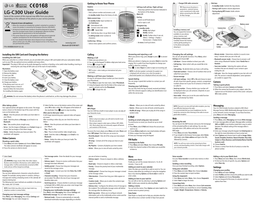 LG GSM Mobile Phone LGC300 ACHNWO Product Specification TESCO MOBILE (UNITED KINGDOM) - Page 1