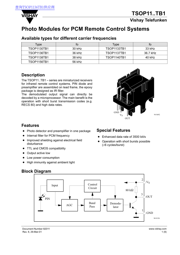 Vishay TSOP11..TB1 Data Sheet - Page 1