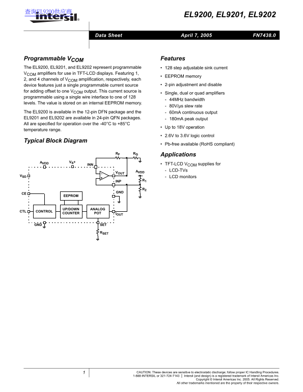 Intel Intersil EL9200, EL9201, EL9202 Data Sheet - Page 1