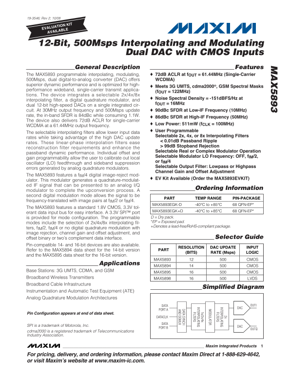 MAXIM MAX5893 12-Bit, 500Msps Interpolating and Modulating Dual DAC with CMOS Inputs - Page 1