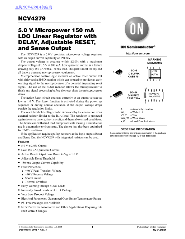 ON NCV4279 5.0V Micropower LDO Linear Regulator with Adjustable RESET, DELAY, and Sense Output Data Manual - Page 1