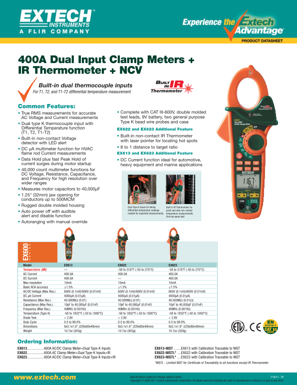 EXTECH EX613 400A Dual Input Clamp Meters + IR Thermometer + NCV Owner's Manual + Specifications + User Guide - Page 1