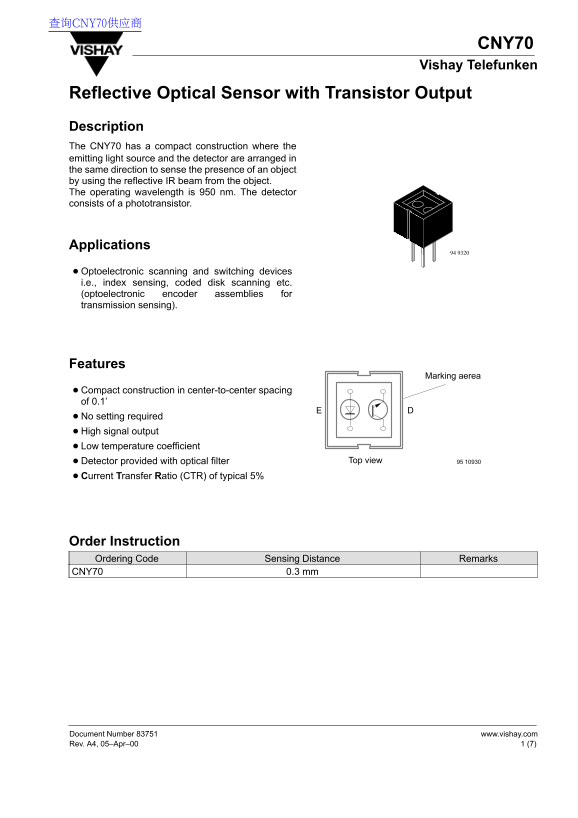 Vishay CNY70 Reflective Optical Sensor with Transistor Output User Guide - Specifications and Instructions - Page 1