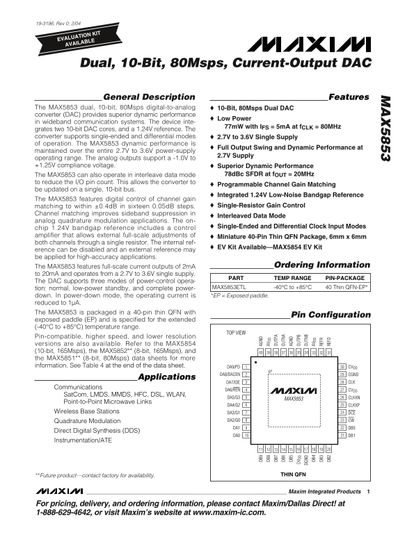 MAXIM MAX5853 Dual, 10-Bit, 80 Msps, Current-Output DAC User Manual and Data Sheet - Page 1