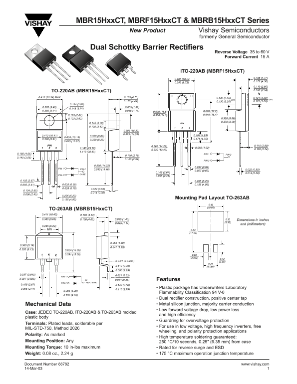 Vishay MBR15HxxCT, MBRF15HxxCT, MBRB15HxxCT Series Data Manual - Page 1