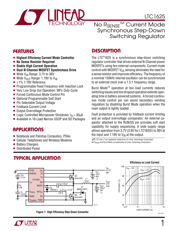LINEAR TECHNOLOGY LTC1625 No RSENSE TM Current Mode Synchronous Step-Down Switching Regulator - Page 1