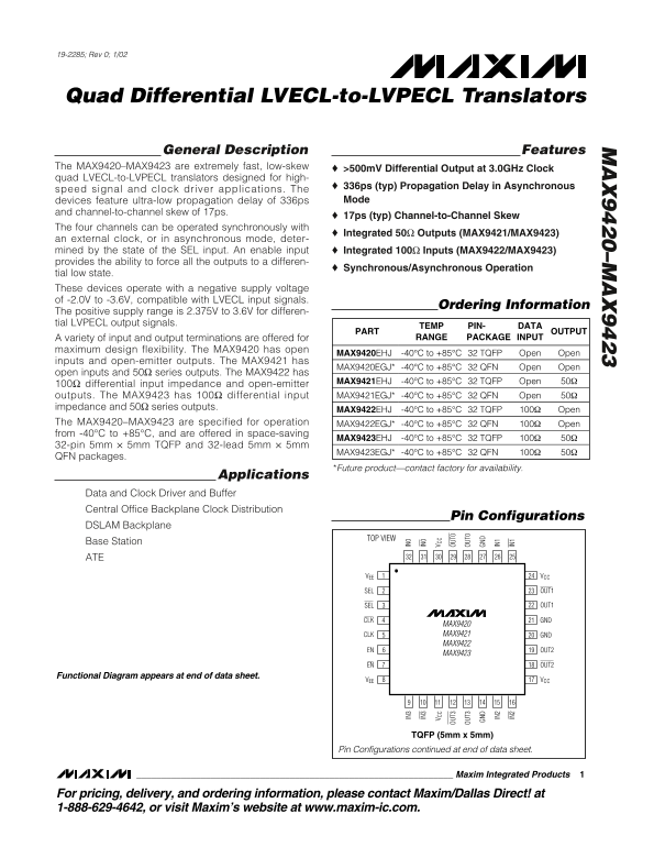 MAXIM MAX9420–MAX9423 Quad Differential LVECL-to-LVPECL Translators - Page 1