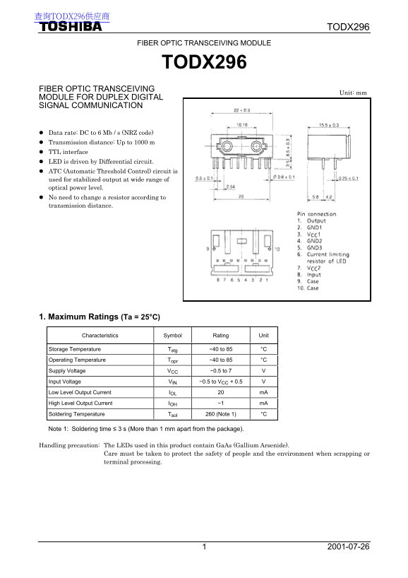 Toshiba Fiber Optic Transceiving Module TODX296 Data Handbook - Page 1