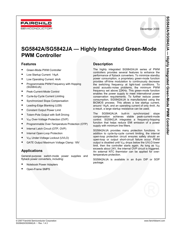 Fairchild SG5842A JA Highly Integrated Green-Mode PWM Controller Data Manual - Page 1