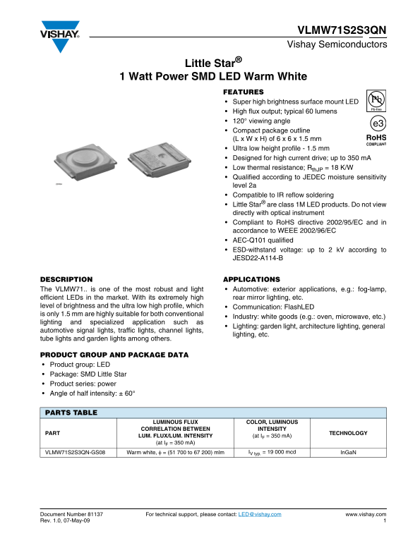 Vishay VLMW71S2S3QN Little Star 1 Watt Power SMD LED Warm White Data Sheet - Page 1