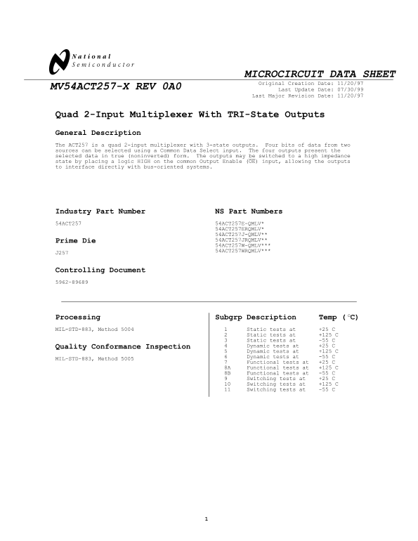 National Semiconductor MV54ACT257-X REV 0A0 Data Sheet - Page 1