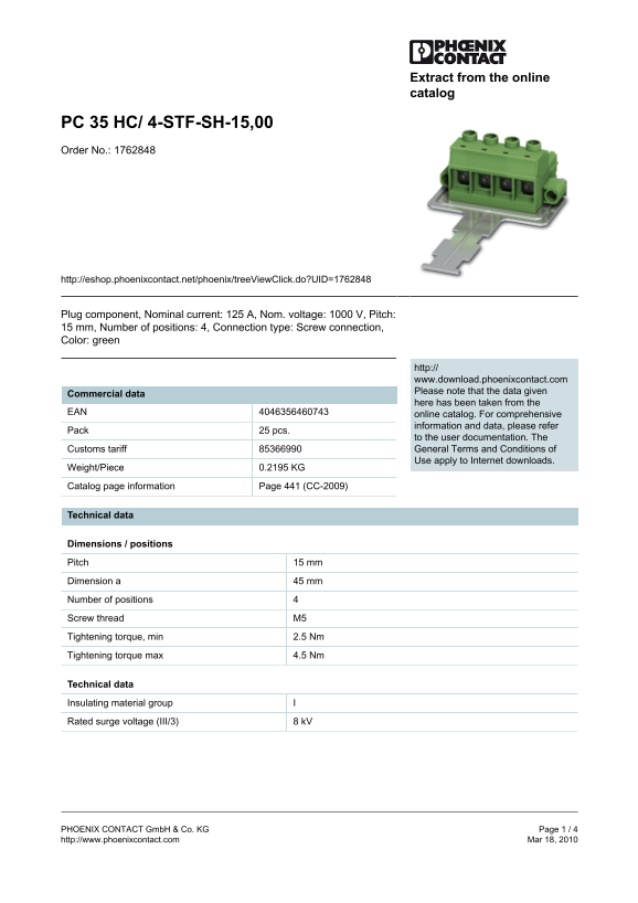Phoenix Contact - PC 35 HC 4-STF-SH-15,00 Data Handbook - Page 1