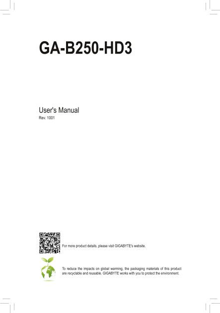 Gigabyte Motherboard GA-B250-HD3 (rev.1.0) User Manual - English (Version 1001) - Page 1
