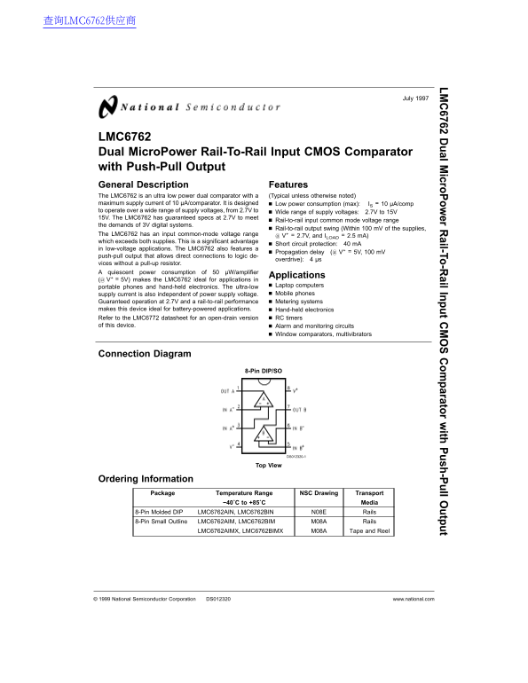 National Semiconductor LMC6762 Data Handbook - Dual MicroPower Comparator with Rail-to-Rail Input and Push-Pull Output - Page 1