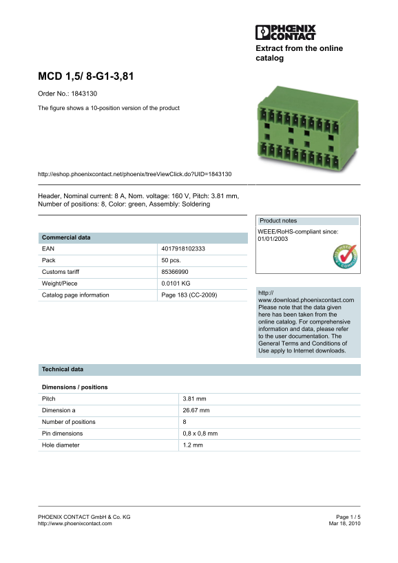Phoenix Contact MCD 1,5 8- G1-3,81 Order No. 1843130 Product Data Manual - Shown is a 10-position version of the product. - Page 1