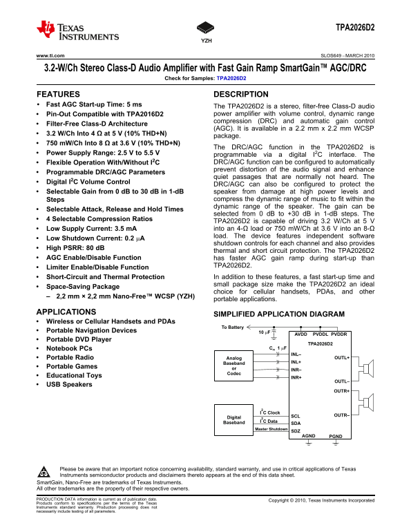 Texas Instruments TPA2026D2 - www.ti.com SLOS649 - MARCH 2010 - Page 1