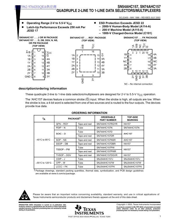Texas Instruments SN54AHC157, SN74AHC157 Quadruple 2-Line to 1-Line Data Selectors Multiplexers Data Manual - Page 1