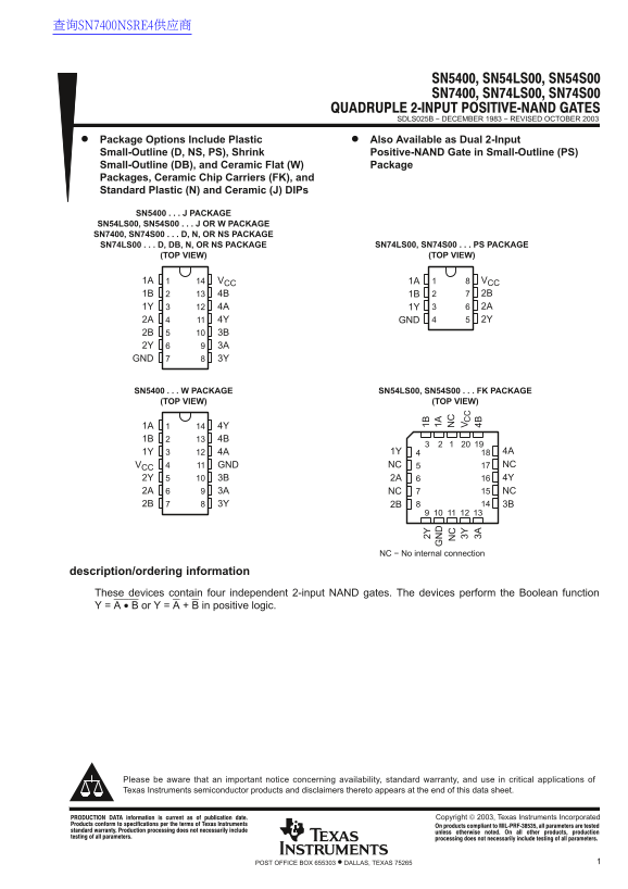 Texas Instruments SN5400 SN54LS00 SN54S00 SN7400 SN74LS00 SN74S00 Data Handbook (1) User Manual - Page 1