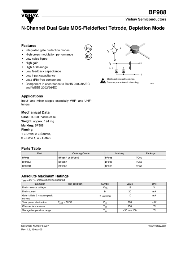 Vishay BF988 Data Handbook - Page 1