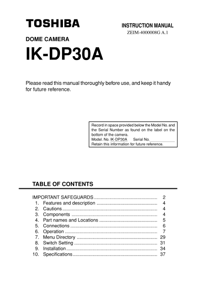 Toshiba DOME CAMERA IK-DP30A Instruction Manual - Page 1
