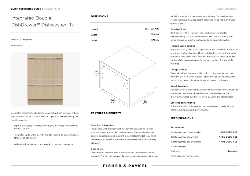 FISHER&PAYKEL DishDrawer™ Embedded Dual Drawer Dishwasher, High Rise Model with Built-in Softener (Model DD60DTX6HI1) Quick Reference Guide - Page 1
