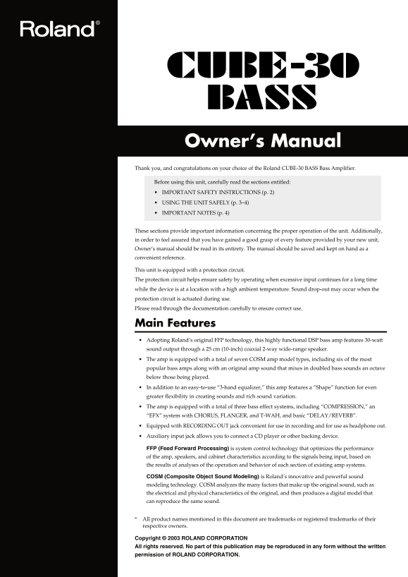 Roland CUBE-30 BASS Bass Amplifier Owner's Manual - Page 1