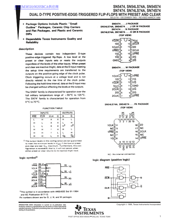 Texas Instruments SN5474, SN54LS74A, SN54S74, SN7474, SN74LS74A, SN74S74 Data Sheet Manual - Page 1