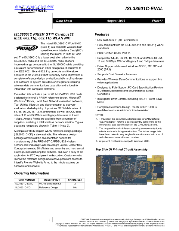 Intel Silicon Intersil ISL38601C-EVAL Data Sheet - Page 1
