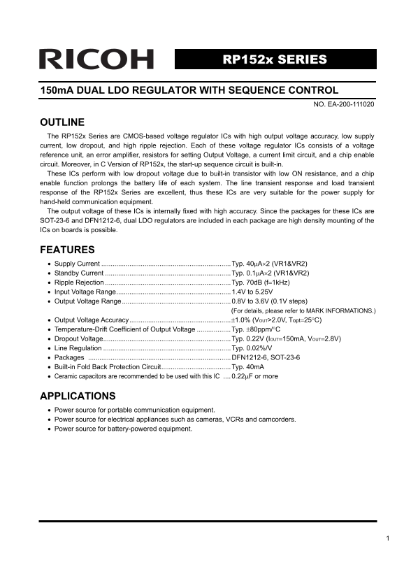 RICOH RP152x SERIES Dual LDO Regulator with Sequence Control Data Sheet User Manual - Page 1