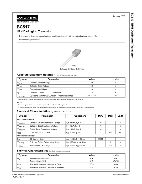 Fairchild BC517 NPN Darlington Transistor User Guide - Page 1